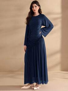 Graceveil Women's Extra Long Spring/Summer Mesh Knit Ruffle Hem Split Modest Elegant Charming Fashion Dress - Navy Blue - View 7