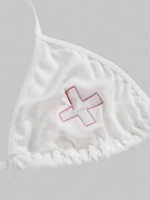 ROMWE Avant Halloween Cosplay Nurse Wireless Velvet Cross Lace-Up Bra For Women - White - View 4