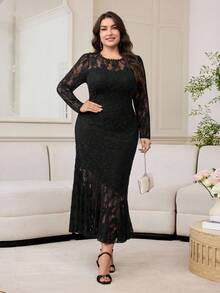 Modelyn Plus Size Women Floral Lace Round Neck Long Sleeve Fitted Elegant Dress - Black - View 6