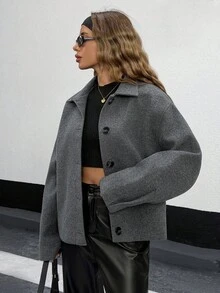 EURMUSE 女式纯色休闲百搭前扣大衣，商务装 - 深灰色 - 查看 1