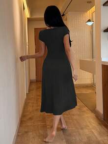 SHEIN Cămașă de noapte elegantă pentru femei, tricotată, texturată, cu funde, din dantelă, model patchwork - Negru - Vizualizare 2
