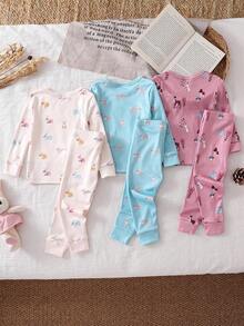 6件套女婴简约时尚浅粉色、浅绿色和米色组合打底裤和长袖连体衣睡衣 - 彩色 - 查看 2