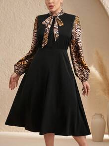 Chikora 加大码黑色拼布豹纹领结蝴蝶结长袖灯笼袖休闲连衣裙，适合日常穿着和通勤 - 彩色 - 查看 5