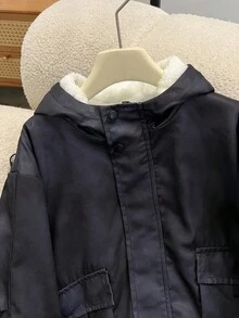 1 件男童加大保暖内衬实用夹克，带大口袋，数码扎染面料，休闲户外服装 - 黑色 - 查看 3