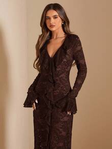 SHEIN BAE 夏日度假早春纯白性感简约优雅长袖荷叶边深V名媛蕾丝简约淑女连衣裙，情人节连衣裙，派对连衣裙，浪漫约会连衣裙，婚礼伴娘服，舞会连衣裙，日常通勤连衣裙，生日连衣裙，节日连衣裙 - 咖啡棕 - 查看 6