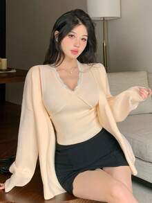 DAZY 2 件套女士优雅蕾丝拼布吊带背心开衫毛衣套装，秋季 - 杏色 - 查看 5