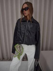 MUSERA 高领拉链落肩仿皮夹克，可爱优雅性感街头风，适合夜间外出和冬季派对。 - 綠色 - 查看 1