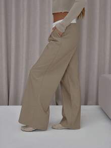 MUSERA 不对称撞色腰带褶裥阔腿西装裤，优雅可爱性感街头风，适合夜间外出和春季穿着。 - 卡其色 - 查看 3