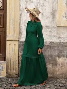 Brillora Váy Maxi Tay Dài Ôm Eo Màu Trơn Phong Cách Đường Phố Cho Nữ - Màu xanh lá cây đậm - Xem 6