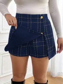 SHEIN Frenchy Plus Size Autumn And Winter Casual Plaid Asymmetric Hem Culottes, Elegant, Street Style Shorts, Fashionable Shorts, Airport Wear, Plaid Button Front Slit Culottes Plaid Skort Skorts For Women High Waisted Skort Women Skorts Plus Size Skorts
