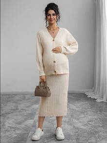 Momance Maternity Solid Color Drop Shoulder Long Sleeve Single-Breasted Knit Cardigan And Adjustable Waist Knit Midi Skirt Casual Suit, Autumn