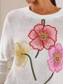 Lilora 2025 Frühherbst Städtisch Lässig Resort Elegant Retro Weiß 3D Blumen Stickerei Langarm Locker Leicht Damen Pullover Sweater, geeignet für Valentinstag, Retro, Date Night, formelle Anlässe, bequem, lässig, Outdoor - Weiss - Übersicht 8