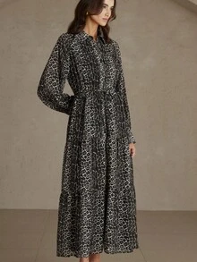Aveloria Rosie Leopard Print Chiffon Shirt Collar Super Long Tie Waist Commuter Elegant Dress - Multicolor - View 3