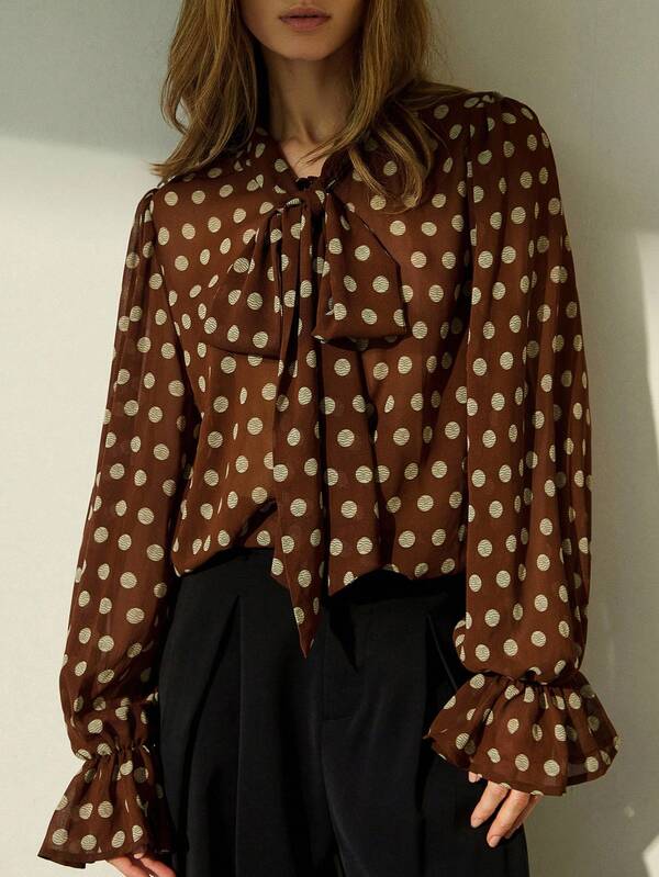 Aveloria Modichic Blusa de manga larga de corte holgado con decoración de cinta elegante