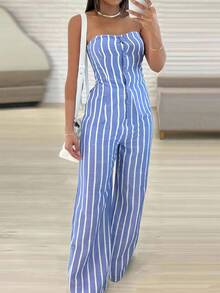 INAWLY 优雅女士抹胸条纹直筒连体裤，适合通勤 - 藍色 - 查看 3