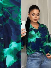 SHEIN SXY Tie-Dye Print Elegant Long Sleeve Button-Up Shirt, Chic Autumn, Business Casual Women, Office For Women, Button Up Shirt Women,Fall - Multicolor - View 1