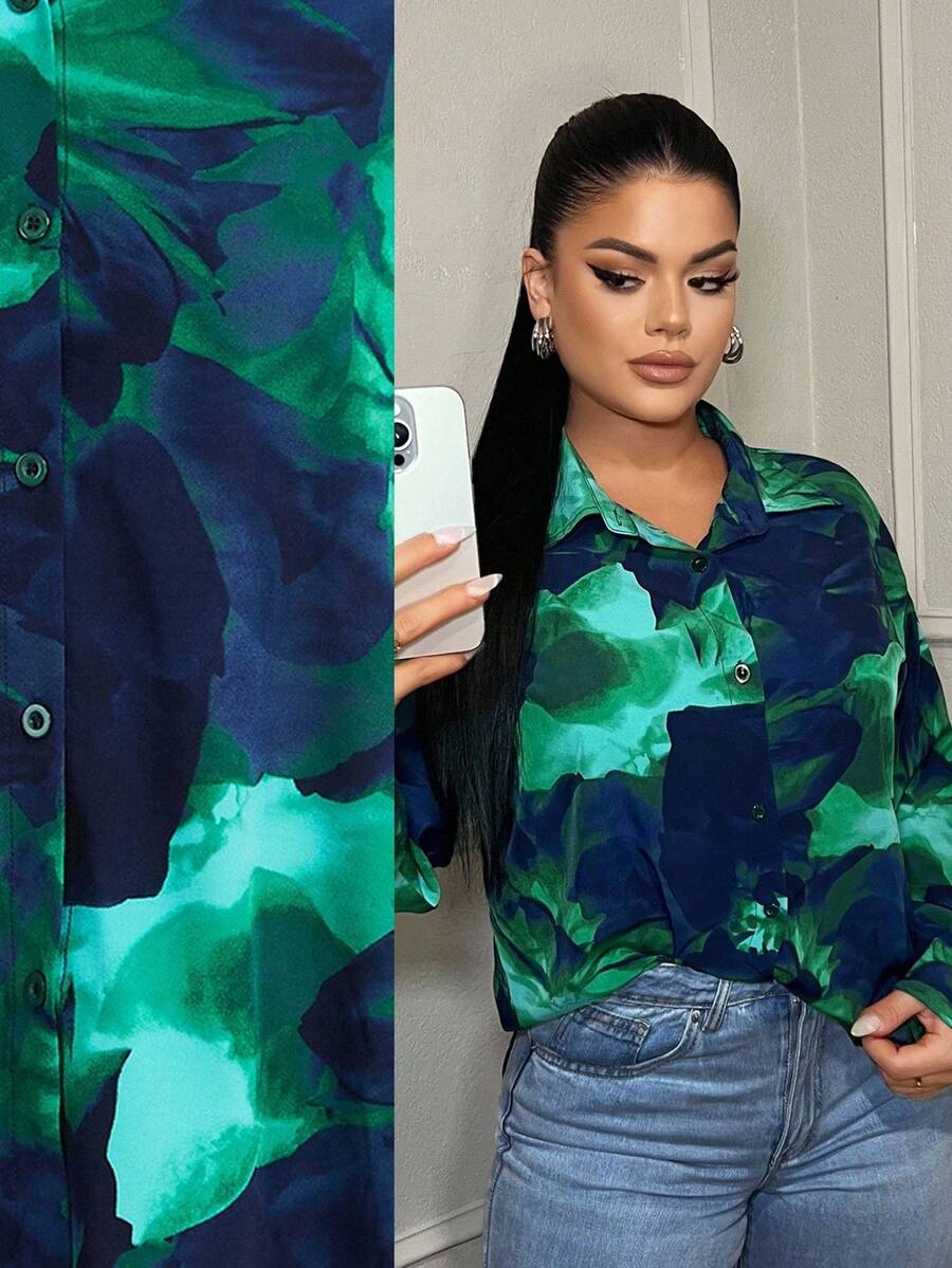 SHEIN SXY Tie-Dye Print Elegant Long Sleeve Button-Up Shirt, Chic Autumn, Business Casual Women, Office For Women, Button Up Shirt Women,Fall - Multicolor - View 1