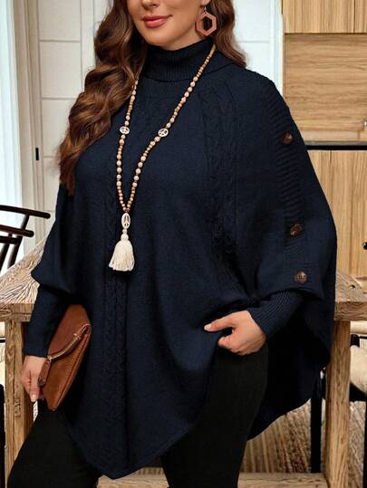 Suéter elegante de mujer de unicolor, de cuello alto con botones, estilo capa de manga larga tipo murciélago, de punto, para otoño/invierno