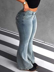 SHEIN PETITE Jeans de talle bajo ajustados con bordado cruzado lavado para mujer - Azul - Ver 2