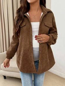 SHEIN Casual Loose Solid Color Long Sleeve Button-Up Warm Fleece Maternity Blouses - Brown - View 5