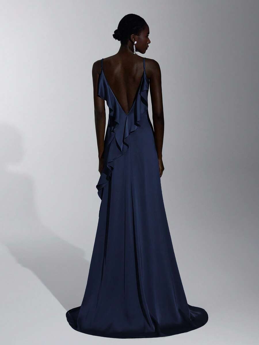 Elitara Elegant & Luxurious Green Ruffle Trim Bridesmaid Dress - Navy Blue - View 1