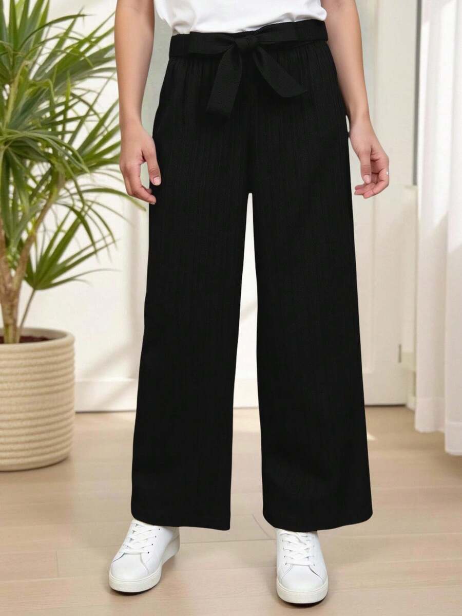 Teen Girl Solid Belted Wide Leg Pants - Black - View 1