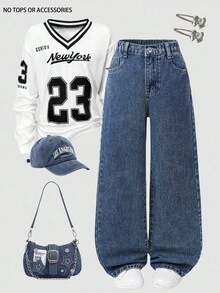 SHEIN بنطلون جينز مستقيم ذو خصر مطاطي مع جيوب مسطحة للفتيات المراهقات، ملابس يومية للفتيات - أزرق داكن - مشاهدة 1