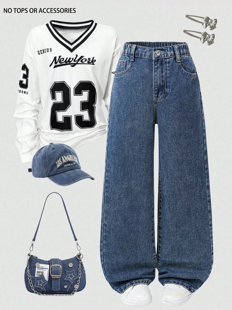 SHEIN بنطلون جينز مستقيم ذو خصر مطاطي مع جيوب مسطحة للفتيات المراهقات، ملابس يومية للفتيات - أزرق داكن - مشاهدة 1