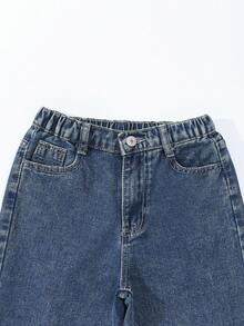 SHEIN بنطلون جينز مستقيم ذو خصر مطاطي مع جيوب مسطحة للفتيات المراهقات، ملابس يومية للفتيات - أزرق داكن - مشاهدة 5