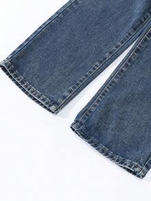 SHEIN بنطلون جينز مستقيم ذو خصر مطاطي مع جيوب مسطحة للفتيات المراهقات، ملابس يومية للفتيات - أزرق داكن - مشاهدة 6