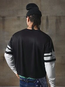AXEPEAK Men's Contrast Color Print Crew Neck Long Sleeve T-Shirt, Fall, Winter - Black and White - View 2
