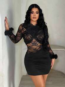 SHEIN SXY 黑色性感蕾丝拼接人造毛皮长袖连衣裙，冬季服装，秋季，新年装扮，派对，舞会礼服，黑色连衣裙，外出，时尚，夜店装扮，女士性感装扮，新年，女士派对连衣裙，黑色透视连衣裙，黑色长袖连衣裙 - 黑色 - 查看 3