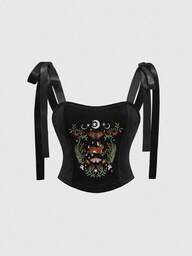 Top court style gothique pour femmes avec broderie en forme de cœur, strass, cristal en forme de larme et décoration d'étoile