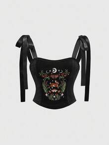 ROMWE Áo crop top hở lưng màu đen thêu hình trái tim phong cách cung điện Gothic dành cho nữ, đính đá, pha lê hình giọt nước, trang trí ngôi sao - màu đen - Xem 1