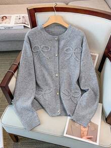 Regalyn New Women Autumn/Winter Single Piece Heavy Embroidered Bow Design Delicate Metal Button Sweater Cardigan, Sweet Elegant Elegant For Dates