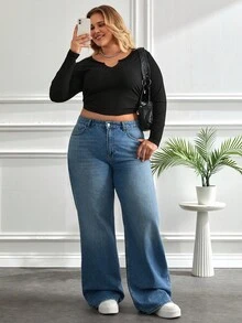 EURMUSE Casual 100% Cotton Plus Size Wide Leg Jeans Y2k Jeans Oversized Jeans High Waisted Jeans Baggy Jeans - Light Wash - View 2