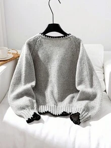 SHEIN 少女可愛灰色對比飾邊蝴蝶結前襟長袖休閒冬季開襟衫，秋季假期校園返校簡約母女款 - 灰色 - 查看 8