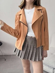 Teen Girls' Casual Suede Lapel Collar Zip-Up Moto Jacket, Autumn Fall Winter - Brown - View 5