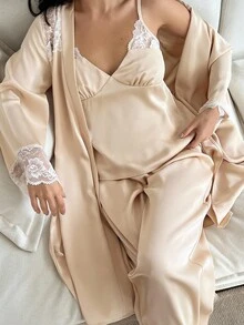 DAZY Charming Satin & Contrast Lace Women Pajama Set, Fall Clothes - Apricot - View 4