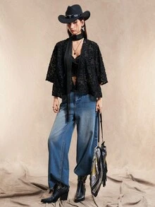 Easelle 优雅通勤黑色镂空女式夹克 - 黑色 - 查看 4