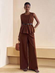 Zivah Summer Chic Dark Brown 2-Piece Set:Sleeveless Pleated A-Line Top & Wide Leg Pants,Brunch,Vacation,Beach,Cruise Travel,Streetwear Boho Outfit For Women - Brown - View 3
