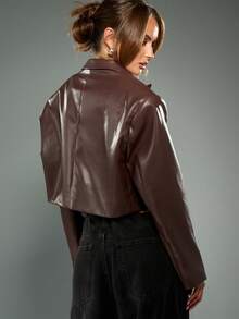 MISSGUIDED 女式短款皮革西装外套双纽扣前襟优质仿 PU 夹克时尚秋冬别致短款外套优雅晚装外套 - 咖啡棕 - 查看 2