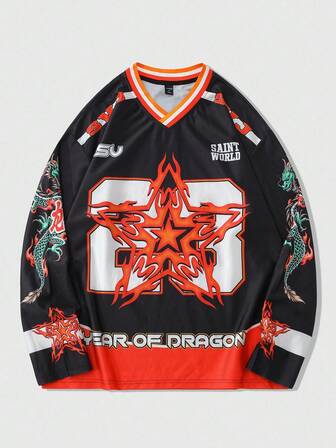 Prep Maillot de hockey à manches longues, col en V, couleurs contrastées, décontracté et ample, automne