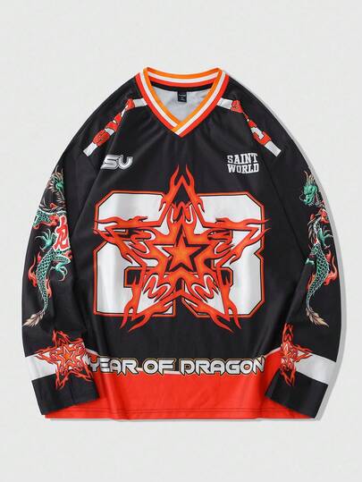 Prep Camiseta de hockey de manga larga casual y holgada con cuello en V y contraste de color para hombre, otoño