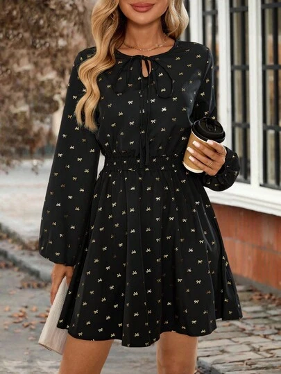 EMERY ROSE Women's Bow Print Long Sleeve Short Dress Fall Clothes For Women  Fall Outfits For Women Winter Dress Women Halloween Clothes   Christmas Party Dress Party Dresses For Women Party Dress Party Dress For Women  Dresses For Wedding Wedding Guest Dress For Women Chic Dress  Elegant Evening Dresses  Black Formal Dress For Women Casual Dresses For Women Party Dresses For Women  Party Dress For Women Elegant Dresses For Party