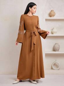 Veilorie Women's Solid Color Round Neck Flare Sleeve Front Button Casual Arabic Style Dress