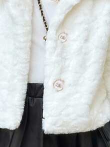 SHEIN 女童米色仿毛皮长袖立领外套，时尚、保暖、百搭、舒适，冬季儿童短款外套 - 白色 - 查看 6