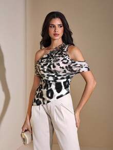 JIAN LASALA Animal Print Asymmetric Shoulder Ruched Knit Top Women Summer Autumn Casual Wear Leopard Print Top Animal Print Top One Sleeve Top Fall For Women Going Out Party Top New Year Wedding Guest Luxury Stylish Collection - Multicolor - View 7
