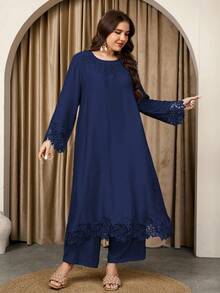 Graceveil 女士圆领长袖长上衣和直筒裤蕾丝拼接宽松休闲高端舒适大码套装 - 藏蓝色 - 查看 3