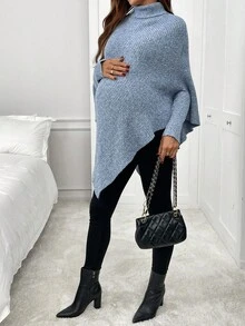 SHEIN 孕妇高领不对称下摆时尚针织套头衫